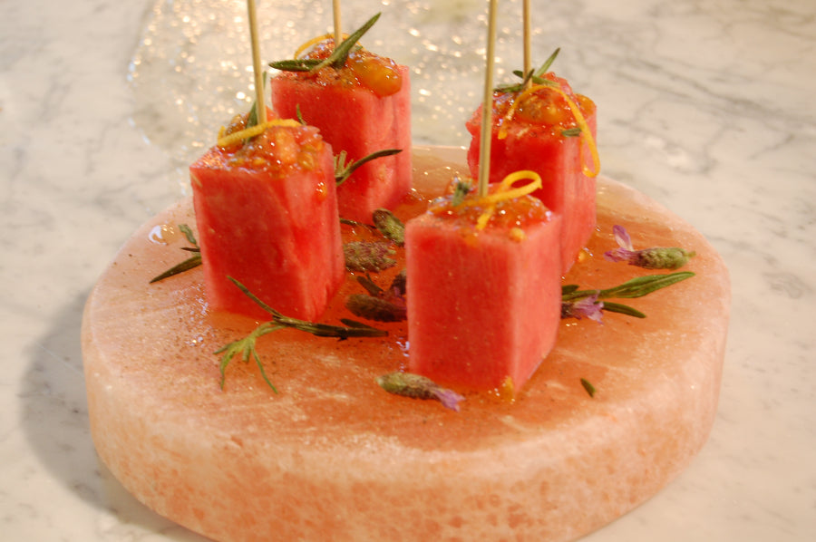 Organic Watermelon Skewers on Himalayan Salt Plate